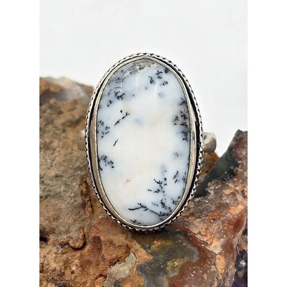 Handmade Jewelry - 925 Sterling Silver Plt Dendritic Agate Ring Size 9 Bezel Setting Jewelry